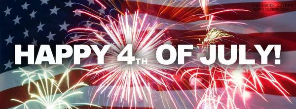 Fireworks burst over an American flag with 'Happy 4th of July!' text.