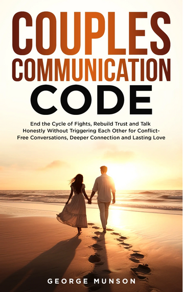 Couple walking hand in hand on the beach at sunset with book title about relationship communication.