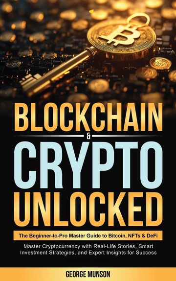 Book cover titled 'Blockchain & Crypto Unlocked' by George Munson with a Bitcoin key image.