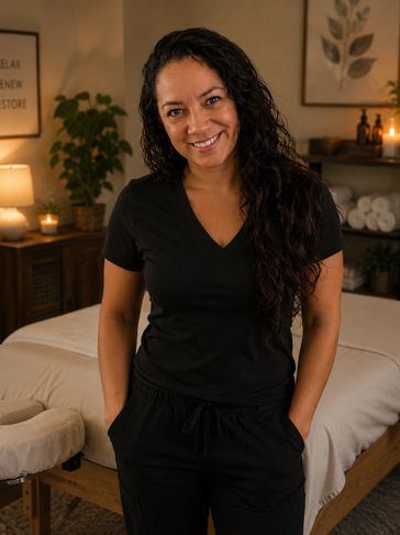 Smiling woman in black scrubs in a cozy spa room.