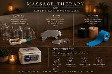 Massage therapy tools and benefits including cupping, IASTM, KT-tape, and PEMF therapy.