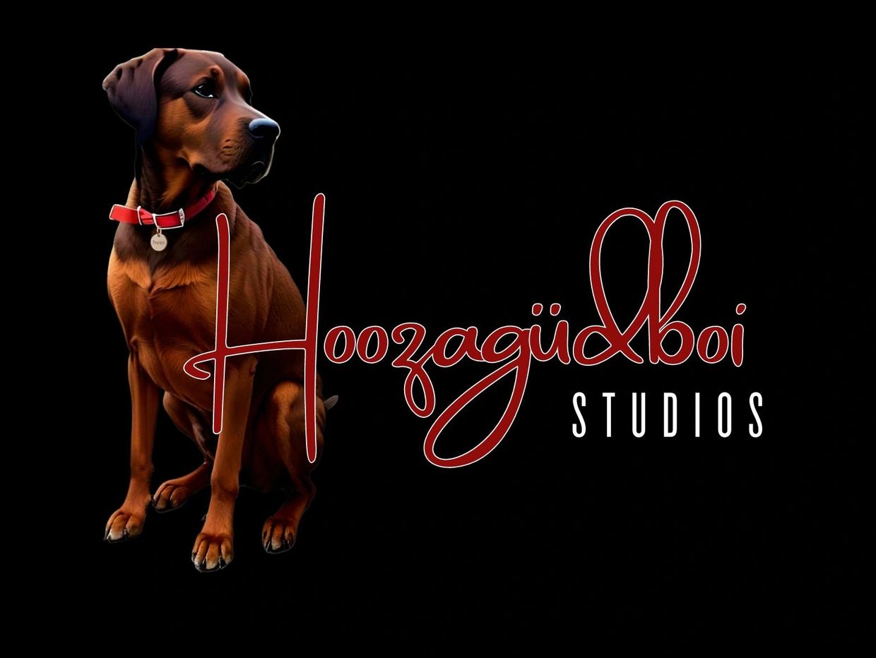 Logo of Hoozagüdbói Studios featuring a brown dog with a red collar.