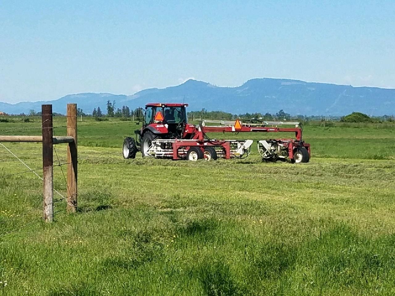 Out on the farm with the big case tractor raking hay into rows getting ready to start baling. 
