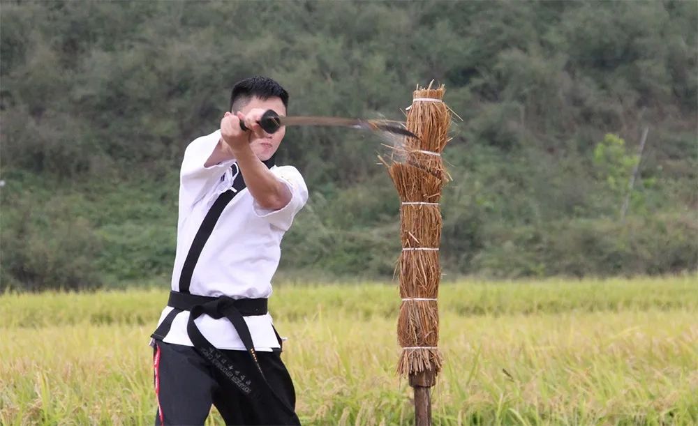 A man slices through a straw target with his sword while standing in a field.