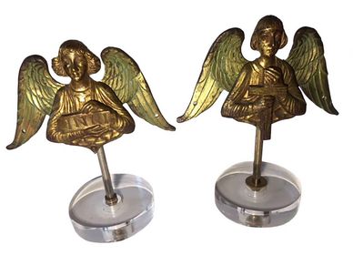 Bronze Doré Byzantine Style Angels On Lucite Stands 