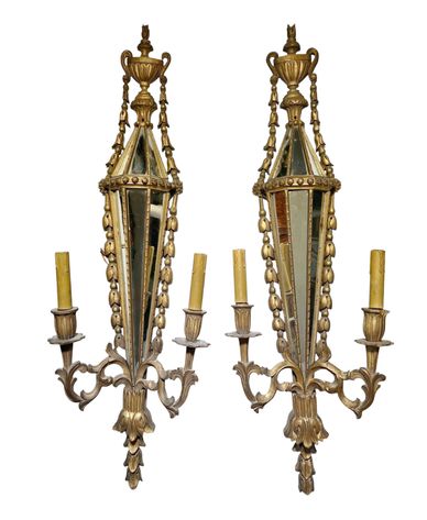 Italian Carved Wood Sconces With Inlaid Mirrors 