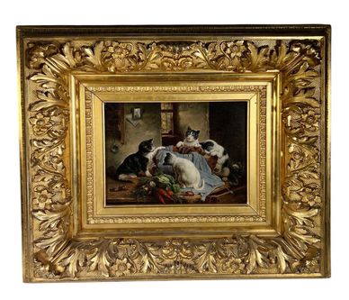 Curious Kittens Oil on Board in Gilt Wood Frame