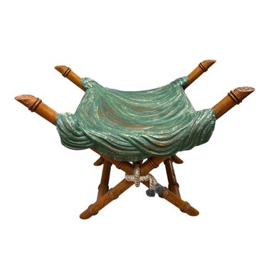 Vintage Faux Bois Draped Stool with Carved Bamboo X-Frame