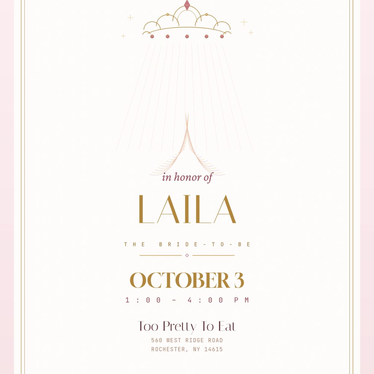 Elegant bridal shower invitation for Laila on October 3rd.
