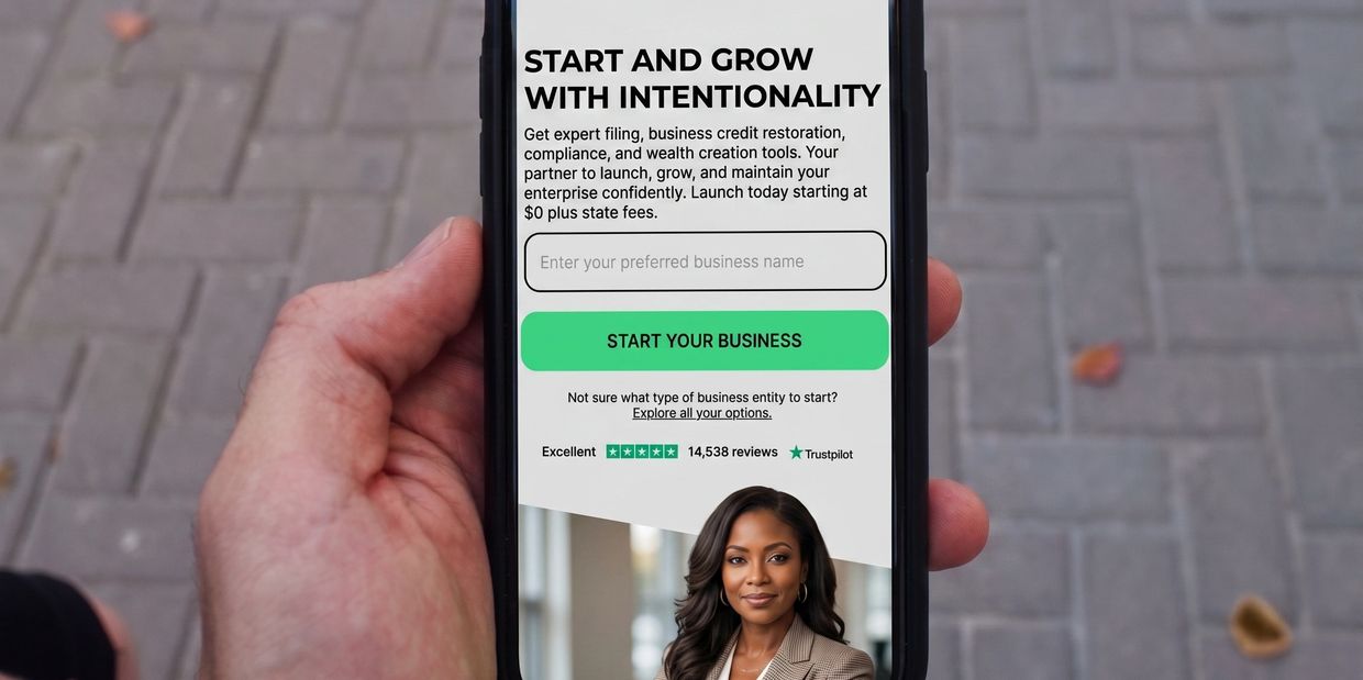 Smartphone displaying a business startup app with expert filing and credit restoration services.