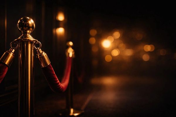 Golden stanchions with red velvet ropes in dim lighting.