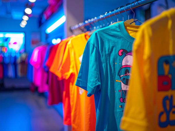 Colorful T-shirts hanging on a rack in a vibrant store.