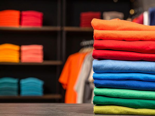 Stack of colorful folded clothes in a retail store.