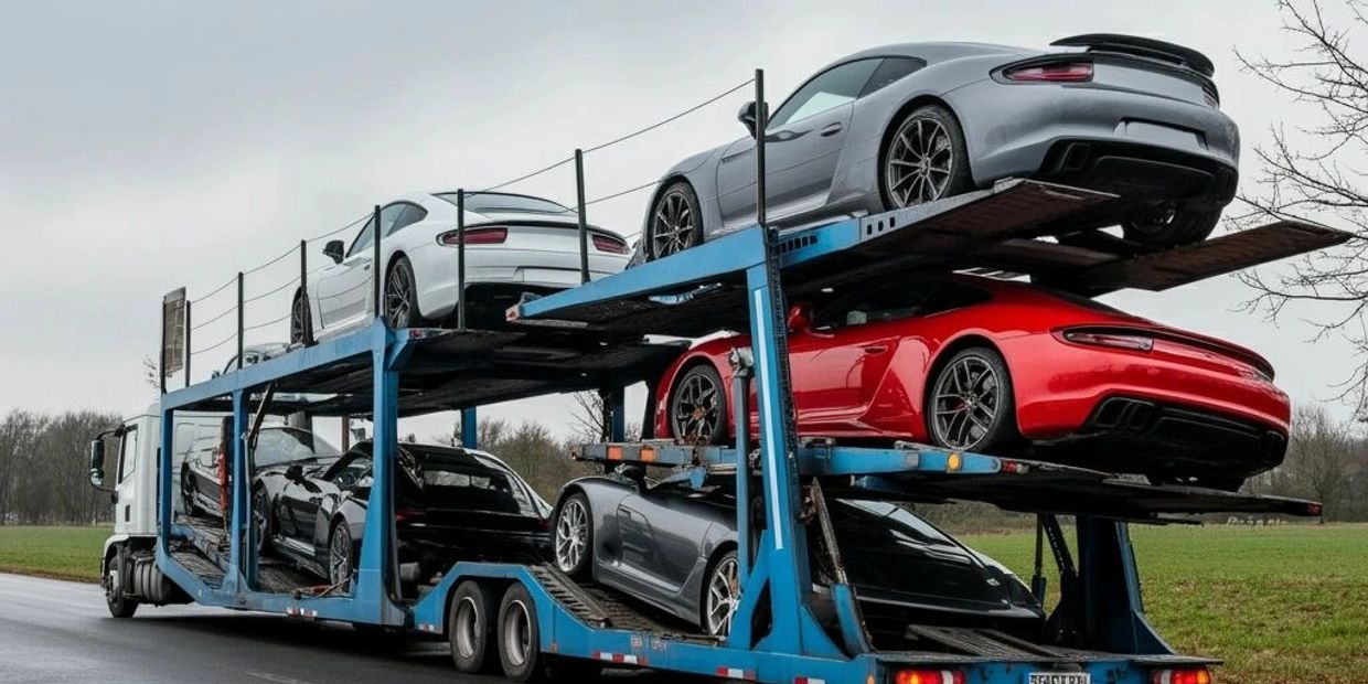 A car transporter truck carrying six sports cars on a rainy day.