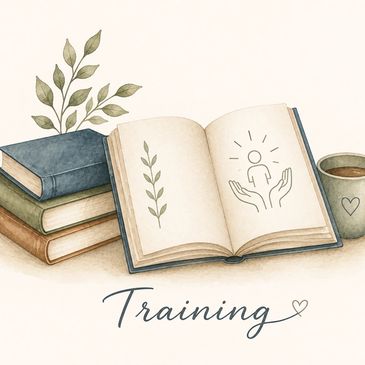 Open book with plant and human care illustration, word Training.