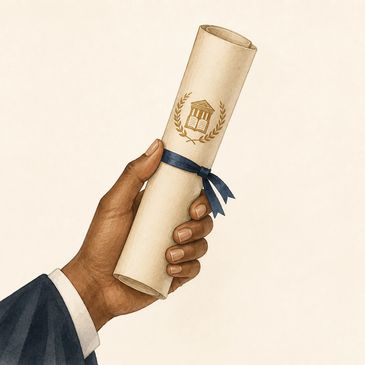 Hand holding a rolled diploma tied with a blue ribbon.