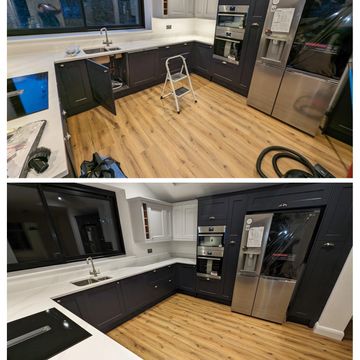 Before and after photos of a builders clean on a beautiful kitchen 