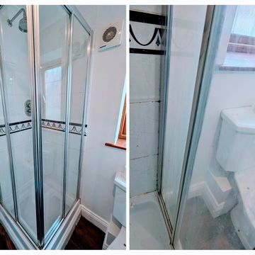 Before and after photo of a bathroom clean showing the limescale removal from the glass