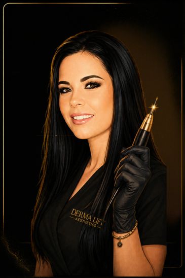 A confident woman in black holding a glowing aesthetic device.