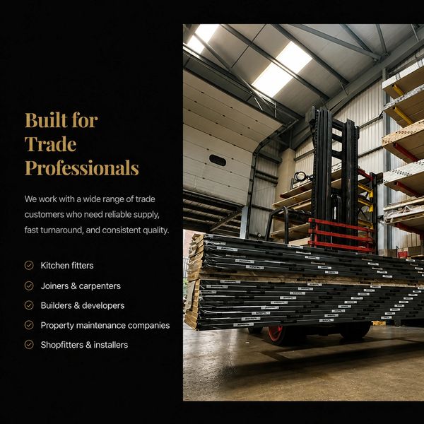 Forklift carrying stacked building materials inside a warehouse for trade professionals.