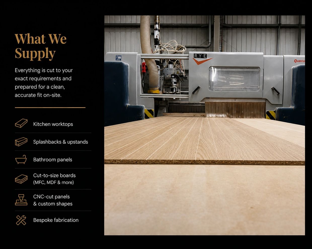 Wood cutting machine preparing custom panels for kitchen and bathroom fittings.