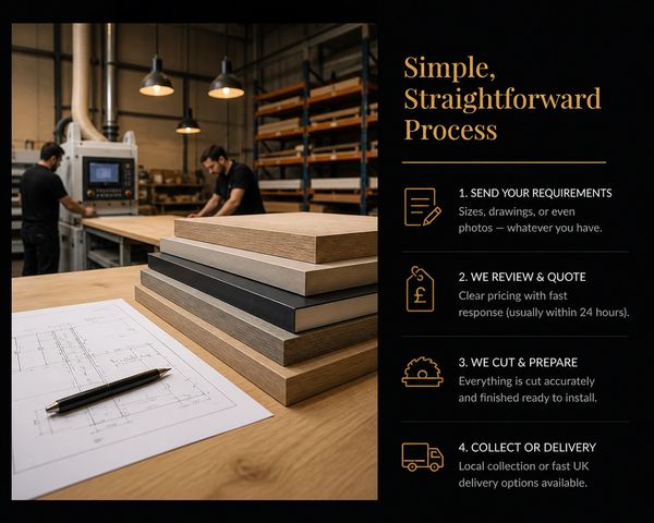 Woodworking process with steps from requirements to delivery.