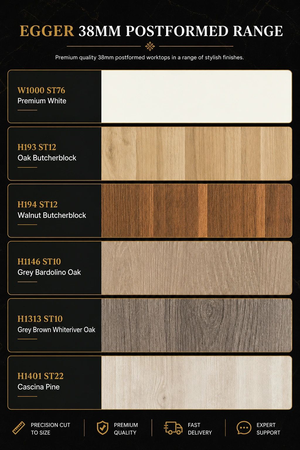 EGGER 38mm postformed worktops in six stylish finishes including white and various oak tones.
