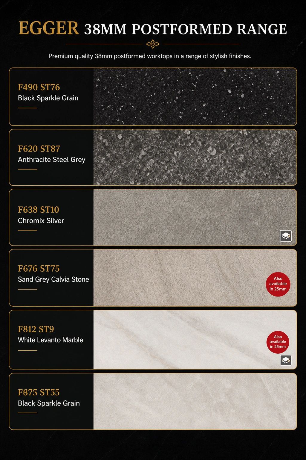 Various Egger 38mm postformed worktop finishes in stylish colors and textures.