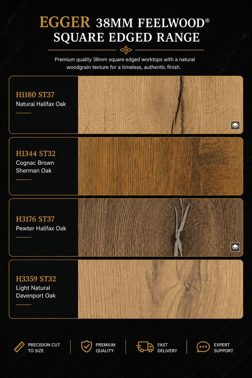 EGGER 38mm Feelwood square edged worktops in four oak finishes with natural woodgrain texture.