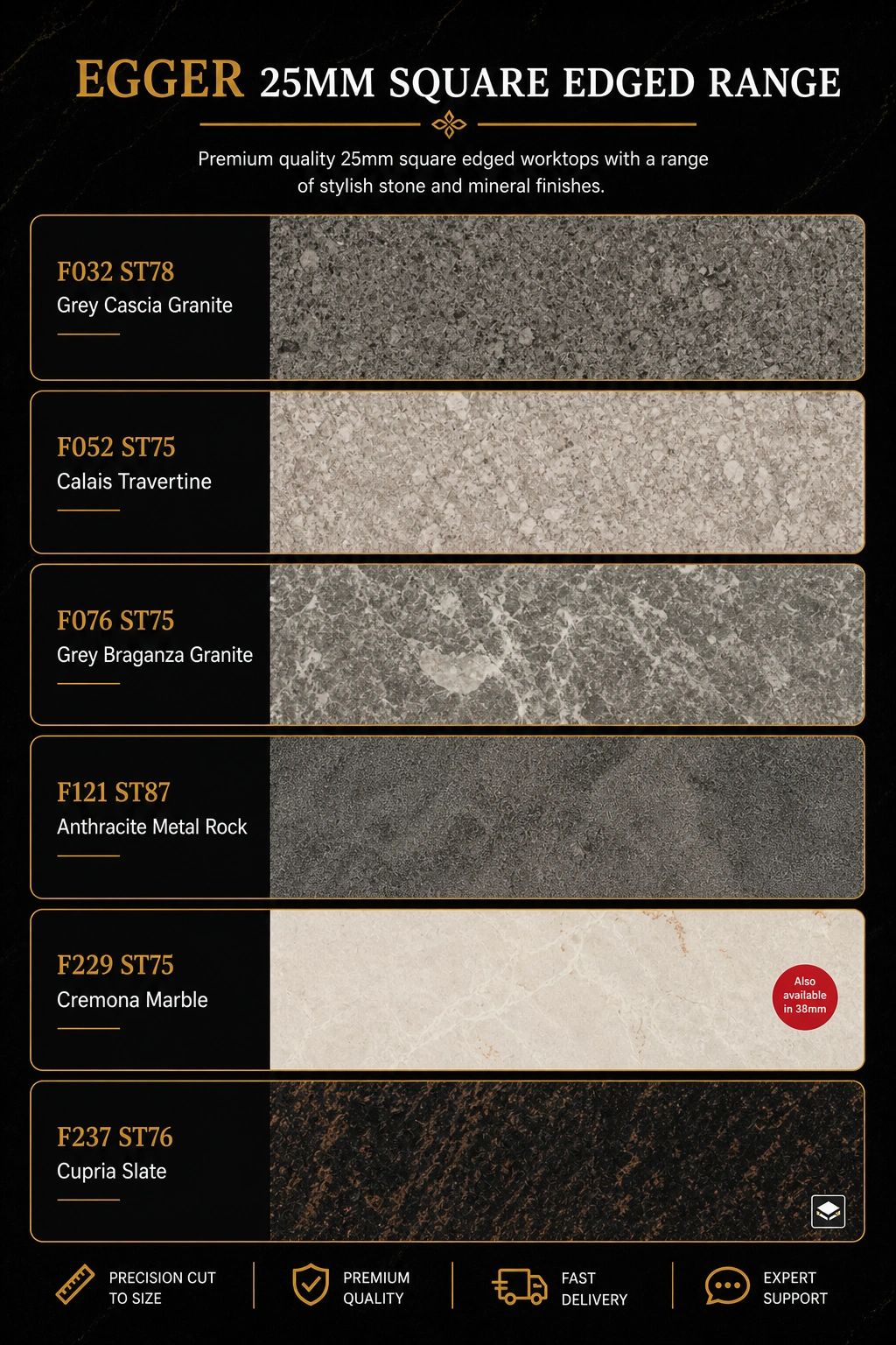 EGGER 25mm square edged worktops in stylish stone and mineral finishes.
