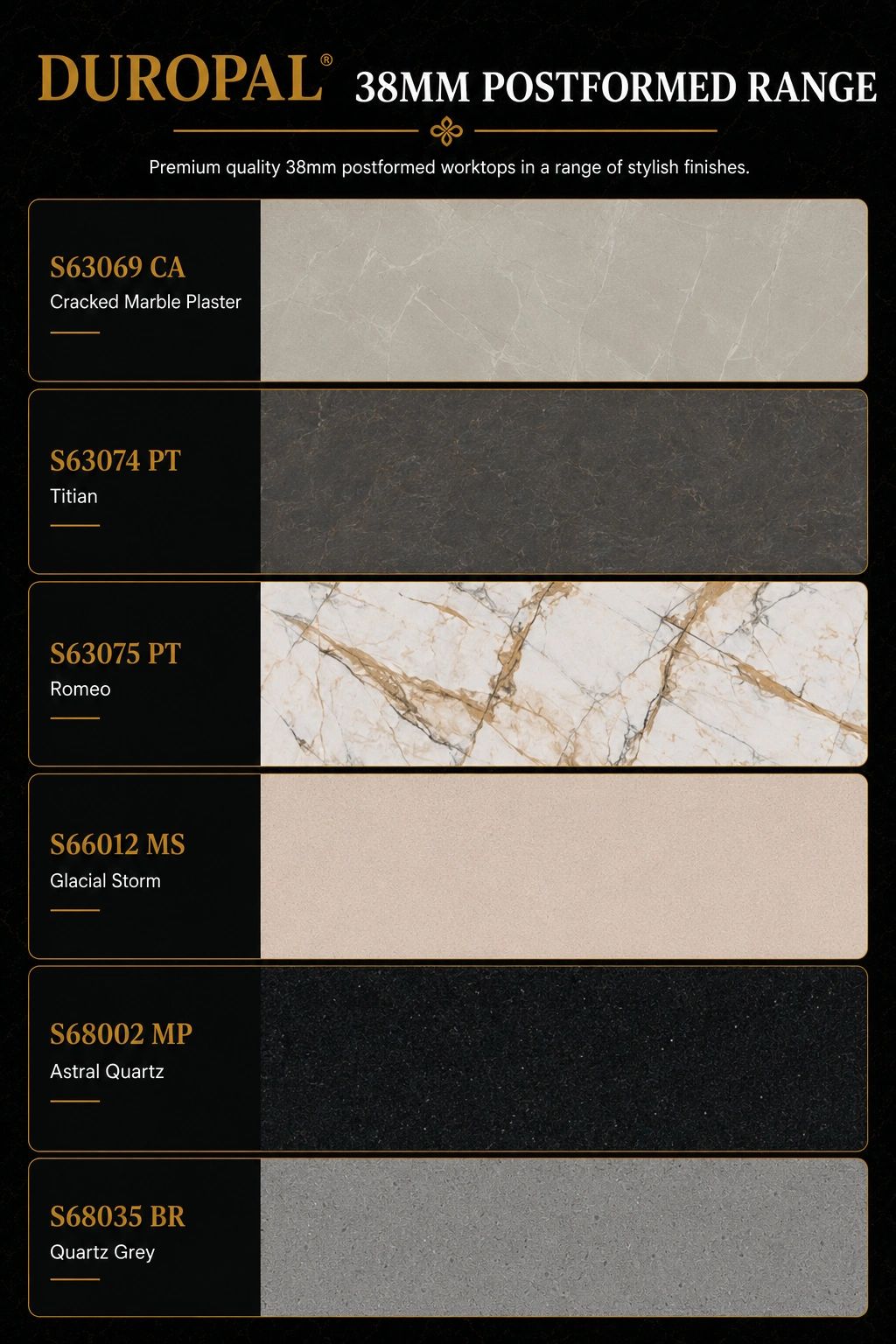 DUROPAL 38mm postformed worktops in six stylish finishes.