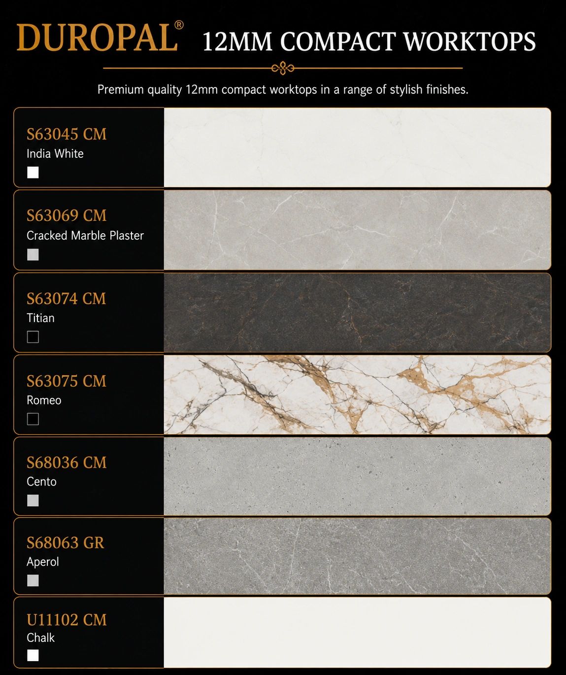 Duropal 12mm compact worktops in various stylish finishes and colors.