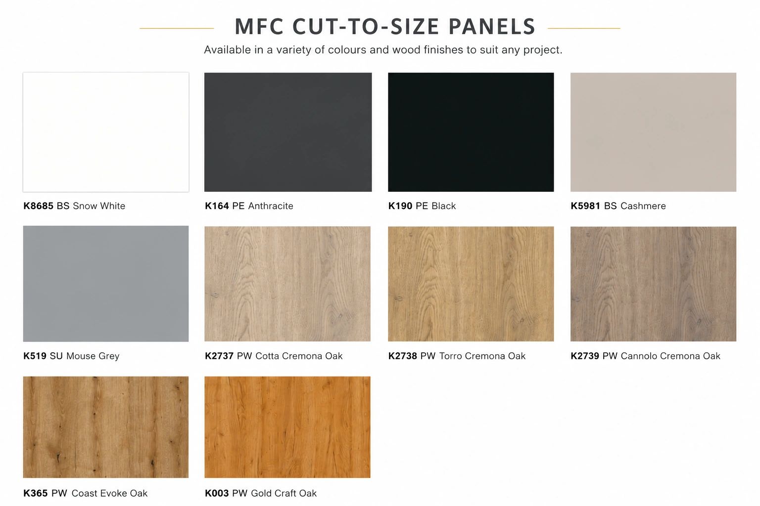 Variety of MFC cut-to-size panels in multiple colors and wood finishes.