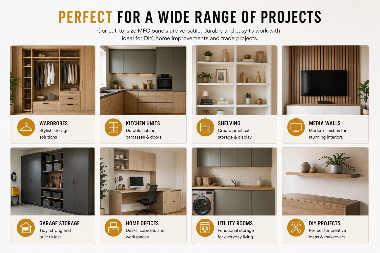Cut-to-size MFC panels ideal for wardrobes, kitchens, shelving, media walls, storage, offices, utility rooms, and DIY projects.