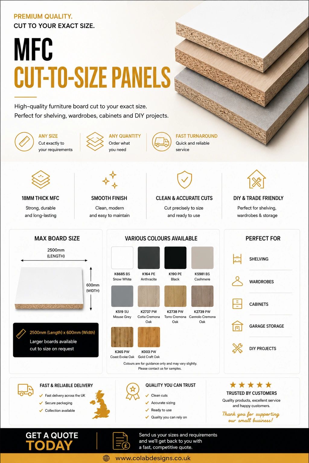 MFC cut-to-size panels offering precise, durable furniture boards in various colors for shelving and DIY projects.