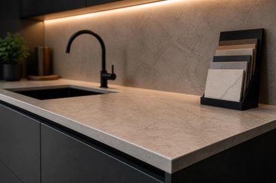 Modern kitchen countertop with black faucet and tile samples.