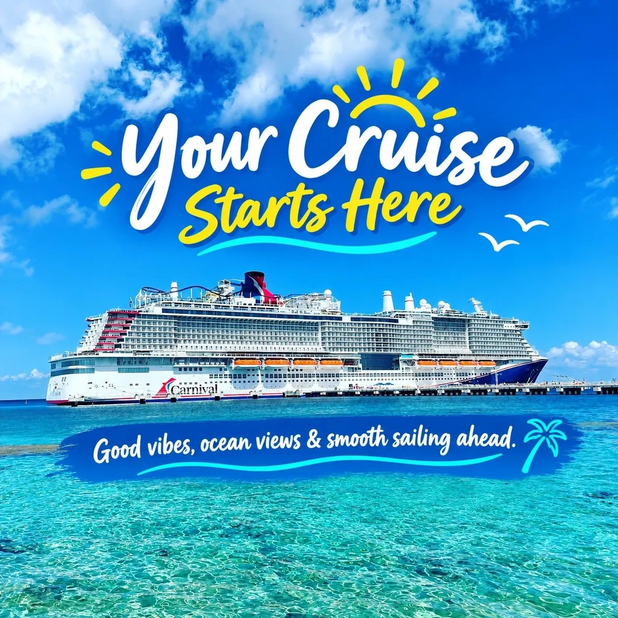 Carnival cruise ship on clear blue water with a sunny sky backdrop.
