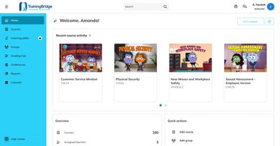 Dashboard of an online training platform showing recent courses and user overview.