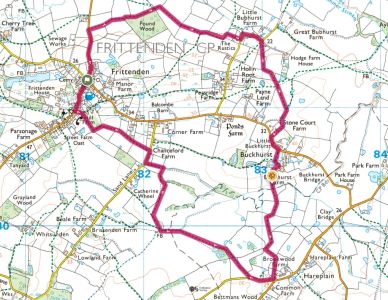Map showing the Frittenden parish boundary and surrounding farms in Kent, England.