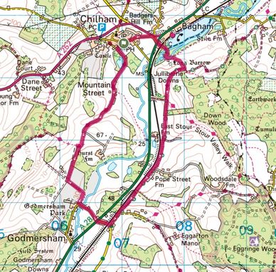 Map showing a marked walking route around Chilham and Godmersham in the UK.