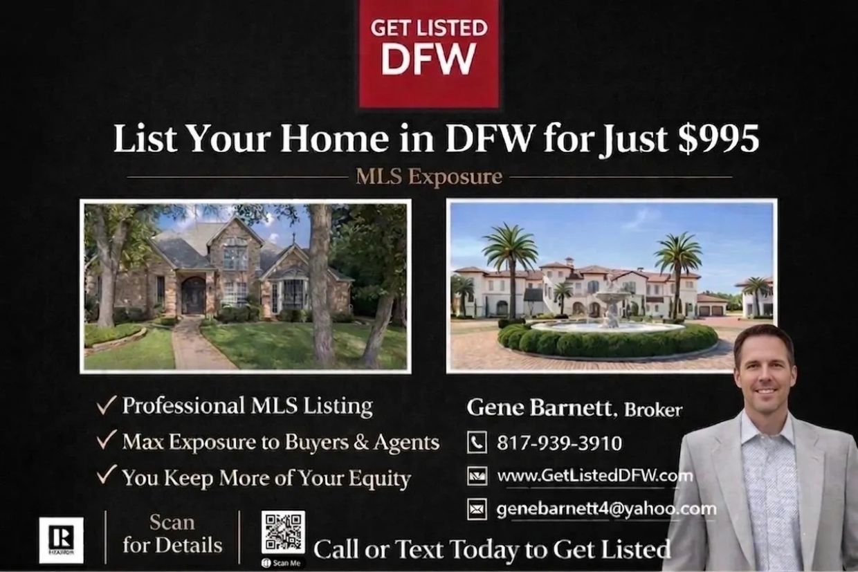 Real estate ad offering home listing in DFW for $995 with MLS exposure and agent contact info.