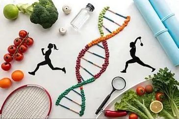 DNA model surrounded by sports and healthy food items.