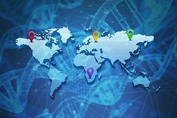 World map with location pins and DNA strands in the background.
