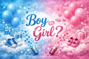 Gender reveal with blue and pink themes.