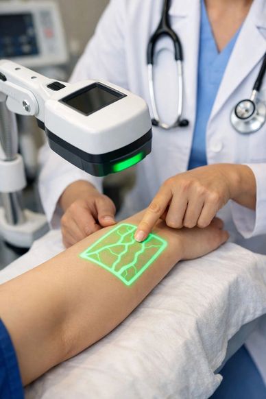 Doctor uses vein finder device on patient's arm.