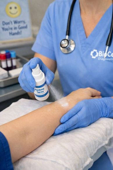 Medical professional spraying numbing spray on patient's arm.
