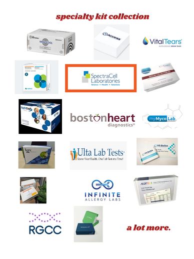 Compilation of specialty lab test kit logos and boxes.
