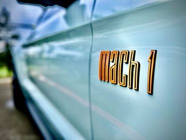 Close-up of Mach 1 emblem on car door.