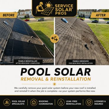 Before and after images of pool solar panels removed and reinstalled for a new roof.
