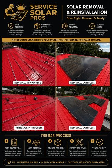 Service Solar Pros offers expert solar panel removal and reinstallation with quality assurance and secure storage.